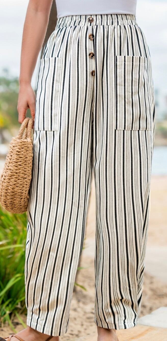 Cupshe Cream Black Striped Elastic Waist Tapered Leg Pants XL NWT